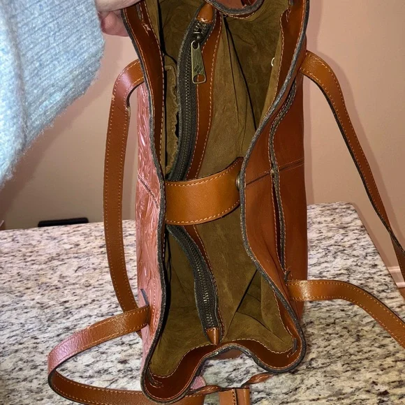 Patricia Nash Embossed Leather Large Tote Brown Tooled Floral Suede Shoulder Bag - Picture 12 of 17